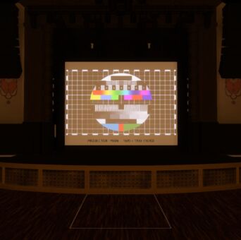 Main Stage view with test cards for projection locations. On the left side of the stage: "Projector Side L 1920 by 1080 resolution, 16 by 9 aspect ratio" with a small test card. Behind the stage: "Projector Main 1920 by 1200 resolution, 16 by 10 aspect ratio" with a large test card. On the right side of the stage: "Projector Side R 1920 by 1080 resolution, 16 by 9 aspect ratio" with a small test card.